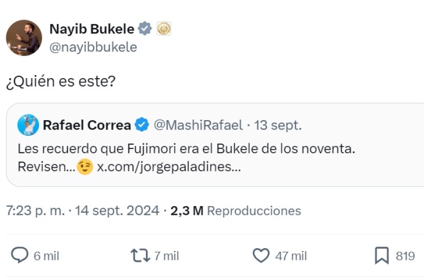 Bukele respondió a Correa en su cuenta de X.