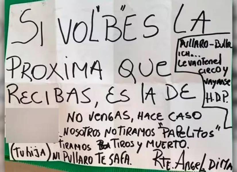 Nota con la amenaza de muerte contra la hija de Di María.