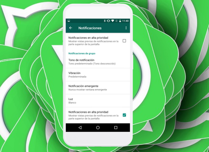 Imagen referencial de notificaciones en alta prioridad en configuración de WhatsApp.