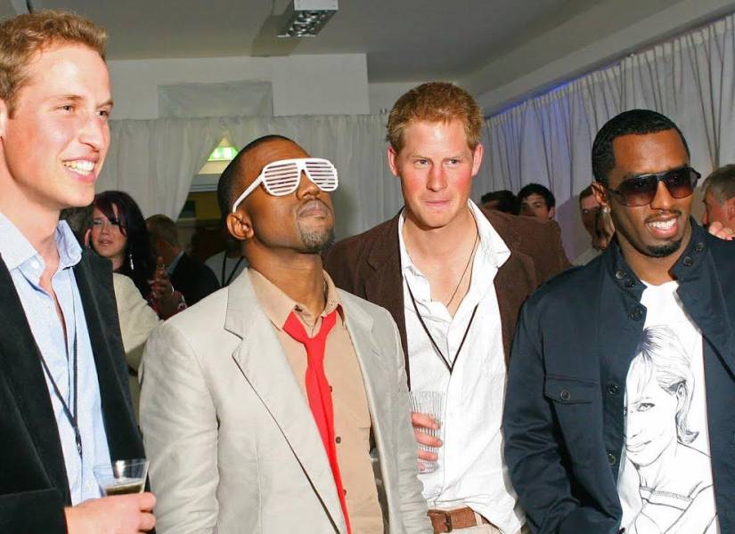 Fotografía del príncipe Harry y William junto a Sean Diddy Combs y Kanye West