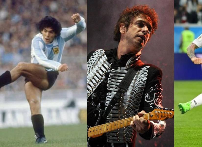 Imagen referencial de algunas celebridades zurdas: Diego Maradona (i), Gustavo Cerati (c), Leonel Messi (d).