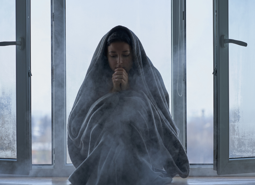 Mujer cubierta con una manta por el frío