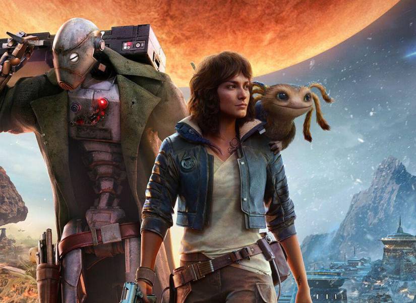 Kay Vess, protagonista de Star Wars Outlaws, junto a su mascota Kay