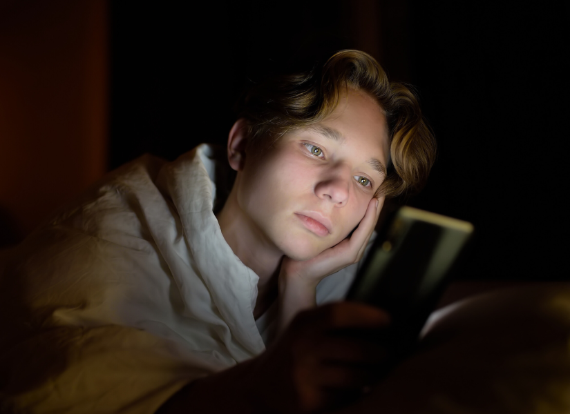 Un joven usando el teléfono en la noche