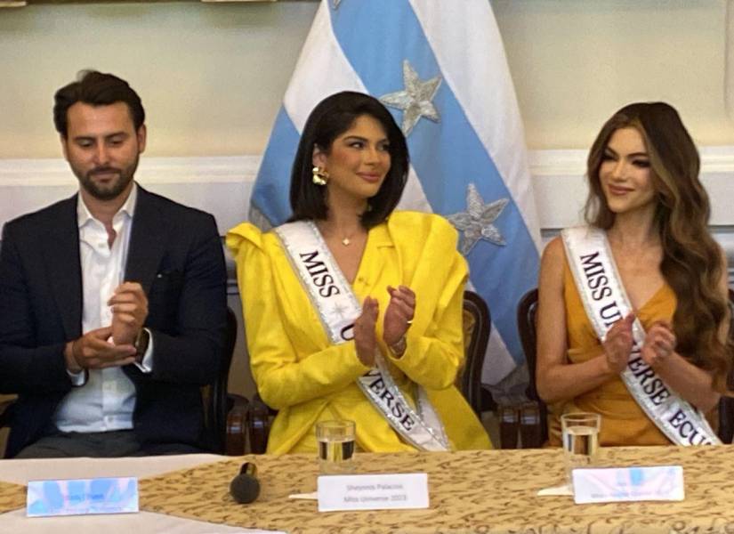 Imagen del ministro de turismo, Niels Olsen, la Miss Universo, Sheynnis Palacios, y la recién elegida Miss Universo Ecuador, Mara Topic.