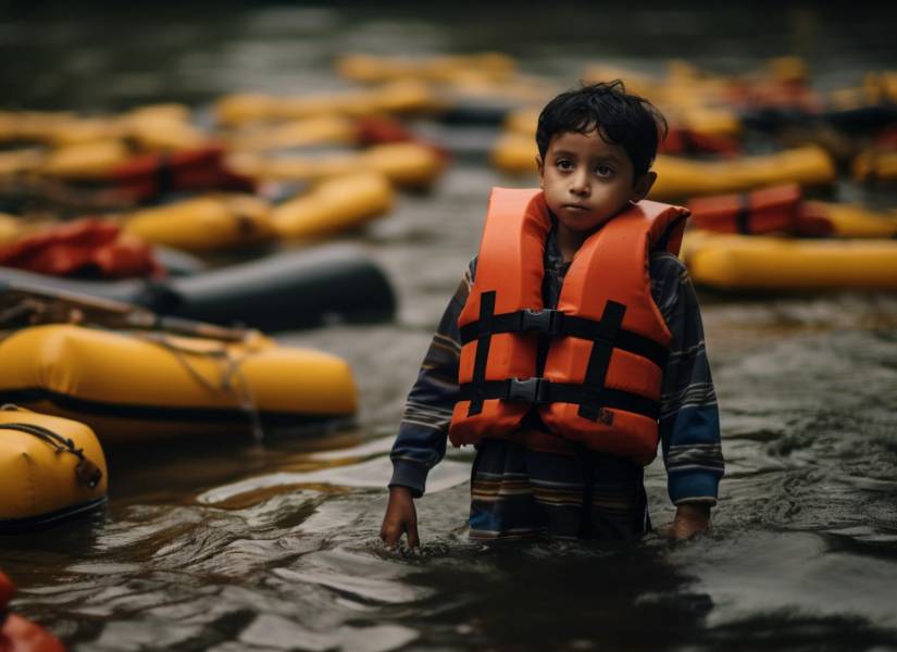 Niño con un chaleco salvavidas en un rio rodeado de botes