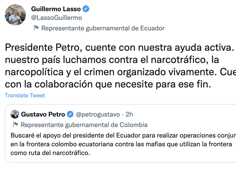 El presidente de Colombia, Gustavo Petro, busca apoyo de Ecuador para combatir a mafias.