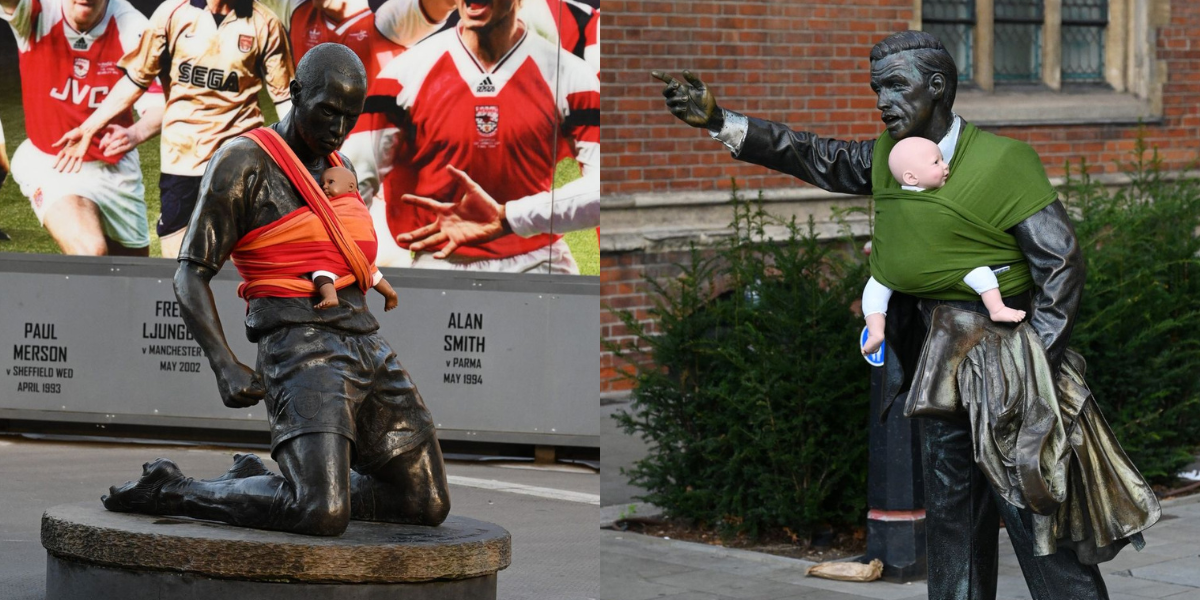 Londres viste sus estatuas como padres para exigir mejores permisos de paternidad