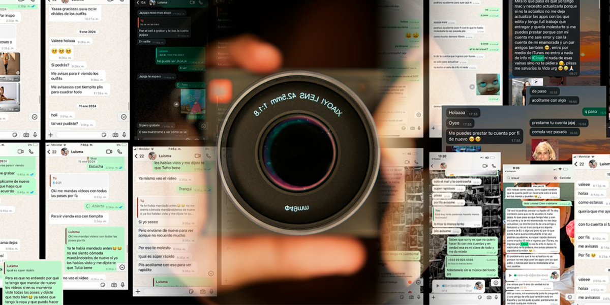 Imagen referencial de un fotógrafo y capturas de pantalla de chats difundidos en las acusaciones contra I. Visual.