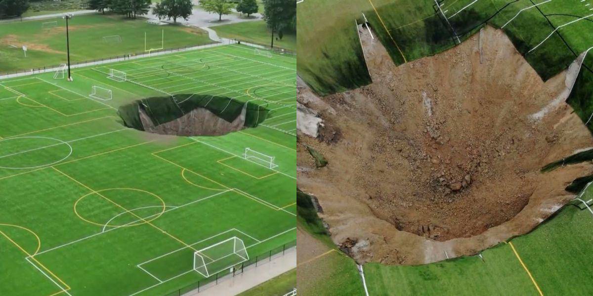 Una cancha de fútbol se hunde y deja enorme agujero en Alton, Estados Unidos, el video se hizo viral