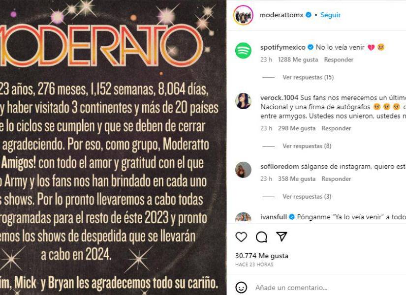 Captura de pantalla del comunicado de la agrupación mexicana Moderratto en el que le indica a sus fanáticos la disolución de la banda.