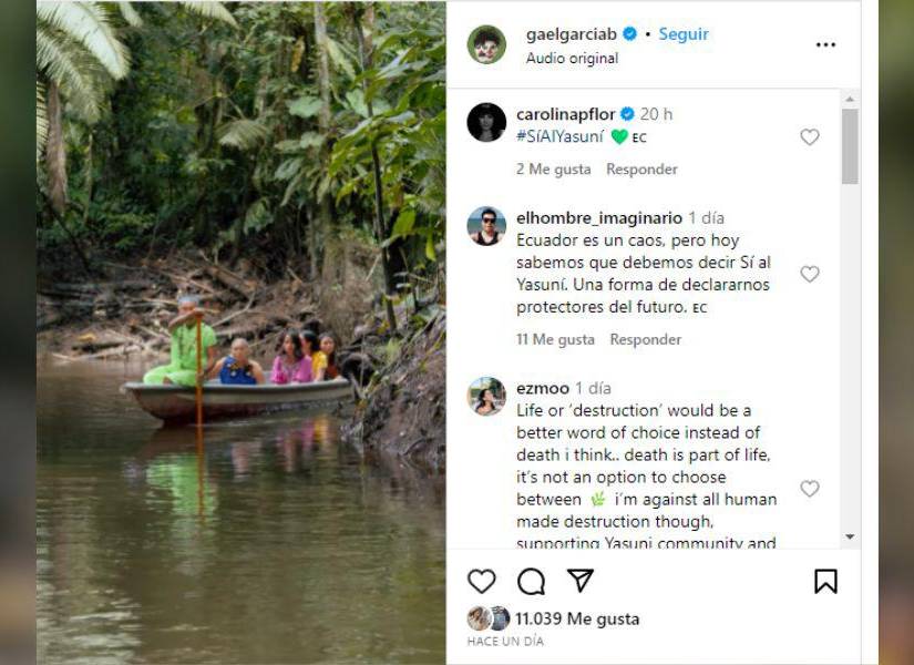 Captura de pantalla de la publicación de Gael García Bernal, el actor que se mostró a favor de no seguir explotando al Yasuní.