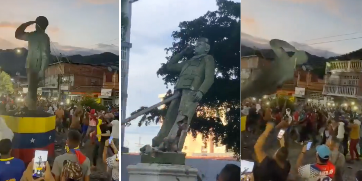La ira de los manifestantes, por los resultados que favorecen a Maduro, se expresa derrumbando estatuas de Hugo Chávez