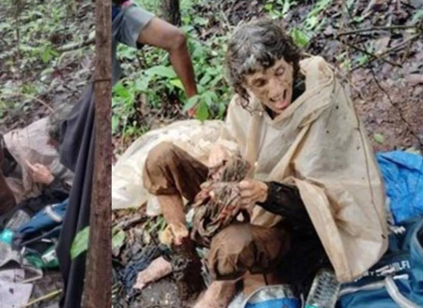 Mujer siendo rescatada tras haber estado 40 días en el bosque, atada al árbol.