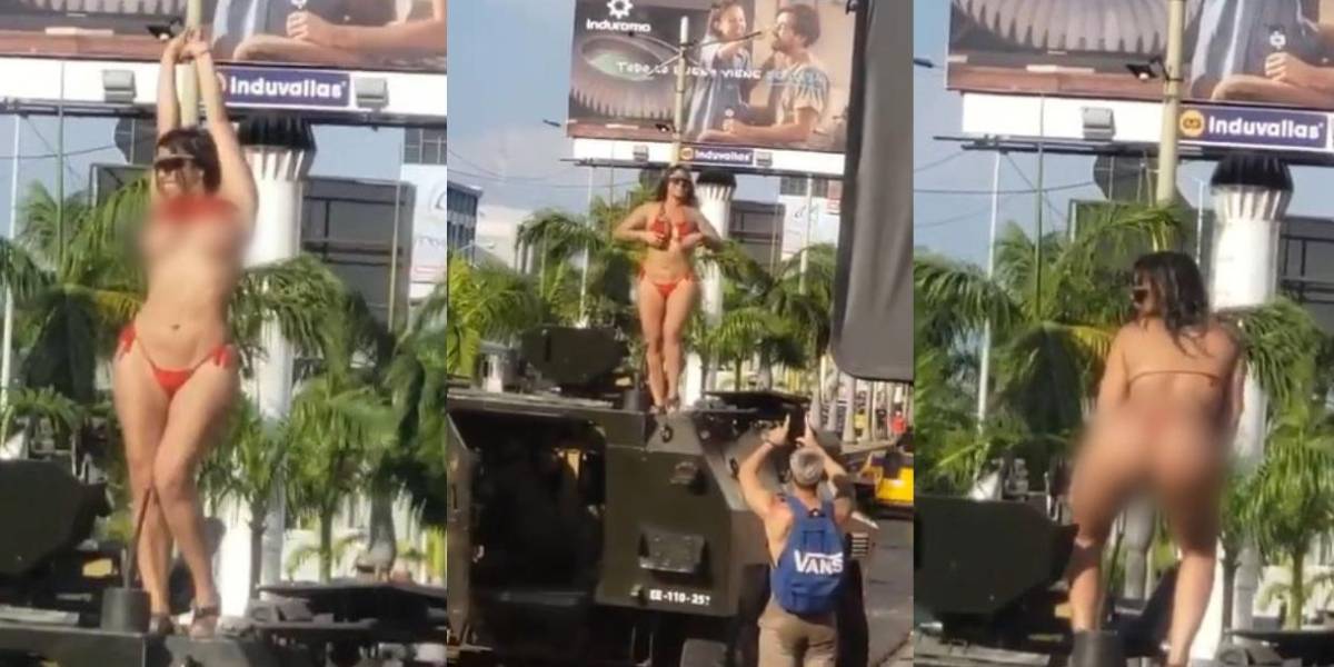 Una mujer usó una tanqueta militar en Manta para fotografiarse semidesnuda