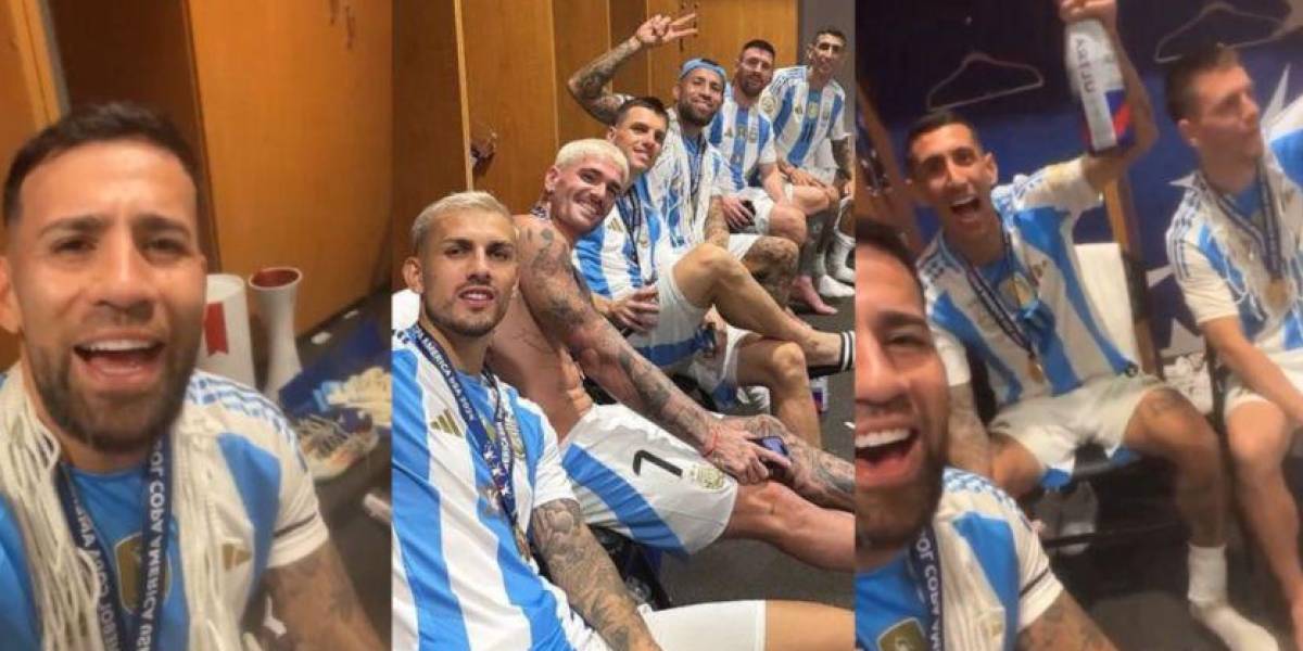Celebración de los jugadores argentinos en el camerino donde surgió el polémico cántico.