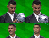 Cristiano Ronaldo recibiendo el trofeo al máximo goleador histórico de la UEFA Champions League.