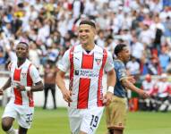 Alex Arce celebra su gol contra Deportivo Cuenca por la fecha 15 de la Liga Pro