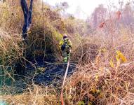 Imagen de bomberos atendiendo un incendio forestal alarma 3 en el Km 22.5 de la Vía a Daule, cerca de la urbanización Lago de Capeira.