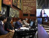 Las autoridades de la Asamblea miran y escuchan la comparecencia de Verónica Abad.