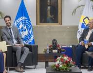 El presidente del Consejo Nacional Electoral (CNE), Elvis Amoroso, junto al oficial de Asuntos Electorales y jefe de la delegación de la Organización de las Naciones Unidas (ONU), Jorge Alberto Grayeb Munayer (izq.)