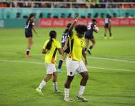 La jugadora de Ecuador, Jaslym Valverde, celebra su gol ante República Dominicana en el Mundial Sub 17 femenino,