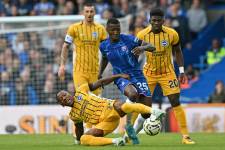 Moisés Caicedo disputa el balón contra Pervis Estupiñán por la Premier League