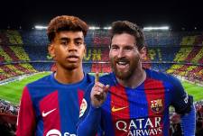 Lamine Yamal y Lionel Messi, figuras del FC Barcelona.