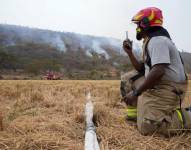 El Cuerpo de Bomberos de Samborondón busca controlar el incendio forestal