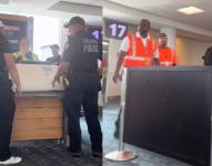 Hombre que intentó replicar truco viral junto a las autoridades del aeropuerto.