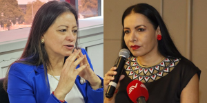 La consejera del CNE, Elena Nájera, y la presidenta del organismo, Diana Atamaint.