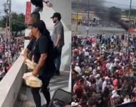 Trabajadores de la panadería lanzando pan a los manifestantes