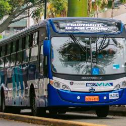 Foto de una unidad de Metrovía recorriendo el centro de Guayaquil.