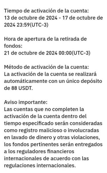 Mensaje de RainbowEx solicitando USD 88 para reactivar la cuenta.