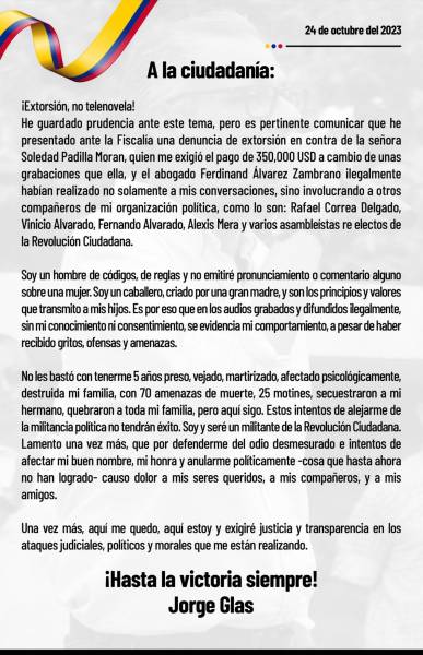 Jorge Glas acusa a Soledad Padilla de extorsionarlo al grabar sus conversaciones y de otros miembros de la Revolución Ciudadana