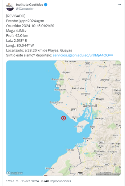 Imagen del reporte del sismo en Playas, Ecuador, este 15 de octubre del 2024.