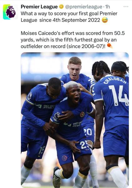 El gol de Moisés Caicedo es el quinto más lejano anotado por un mediocampista desde 2006, en la Premier League