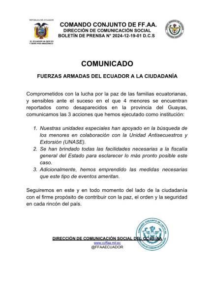 Comunicado oficial sobre la desaparición de cuatro menores de edad en Guayaquil.