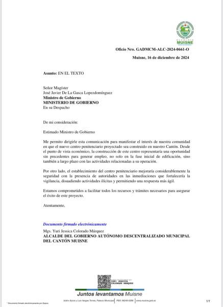 Oficio del cabildo poniendo a disposición un terreno para la construcción de la cárcel de máxima seguridad.