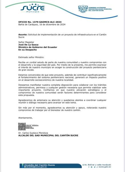 Oficio del cabildo poniendo a disposición un terreno para la construcción de la cárcel de máxima seguridad.