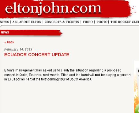 &#039;Elton John y su banda no tocarán en concierto en Ecuador&#039;