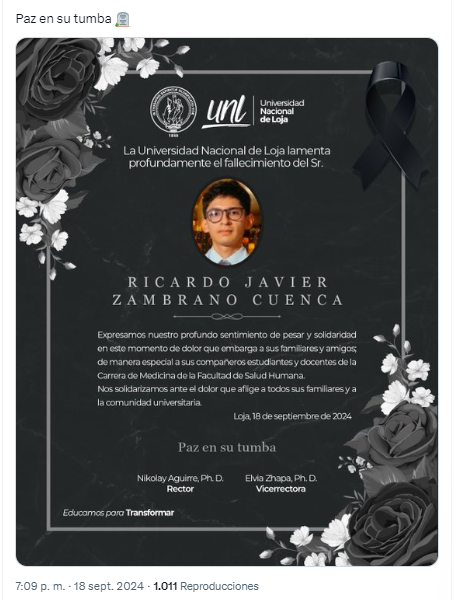 La Universidad Nacional de Loja confirmó la muerte del estudiante de medicina reportado como desaparecido