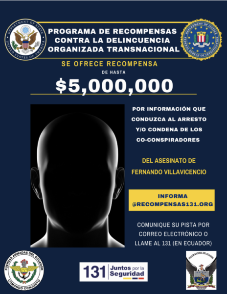 Afiche de recompensa por información sobre el asesinato de Fernando Villavicencio.