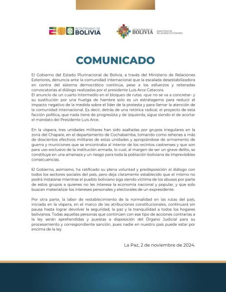 El Gobierno boliviano denunció también que este viernes tres unidades militares fueron tomadas por seguidores del expresidente en el Trópico de Cochabamba.