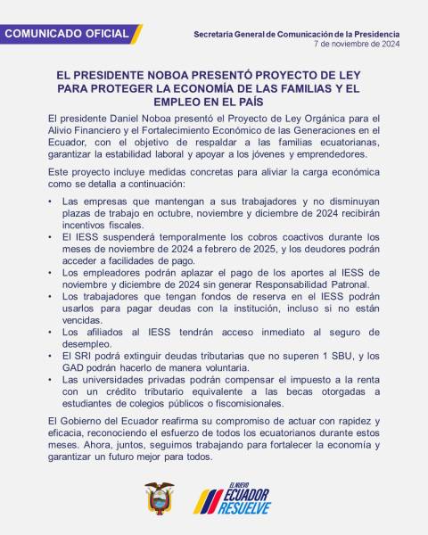 Comunicado sobre las medidas que constan en el proyecto de Ley para el alivio financiero.