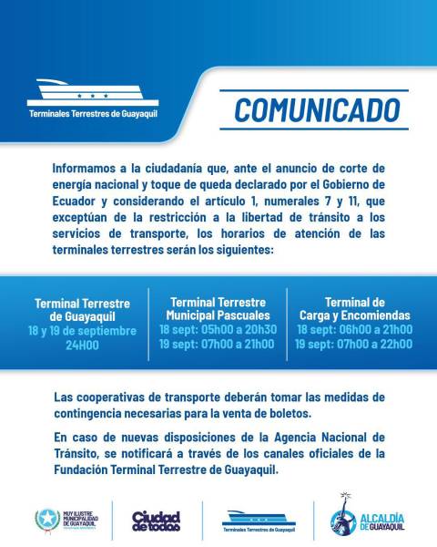 Imagen de los horarios de las terminales terrestres de Guayaquil ante apagones.