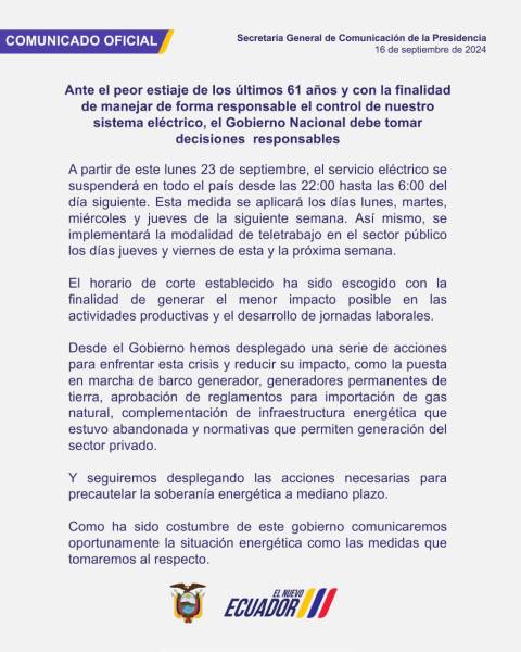 Imagen del comunicado gubernamental que anuncia apagones por cuatro días desde el lunes 26 de septiembre.