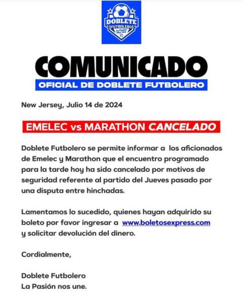 Se cancela el partido amistoso entre Emelec y Marathón por motivos de seguridad