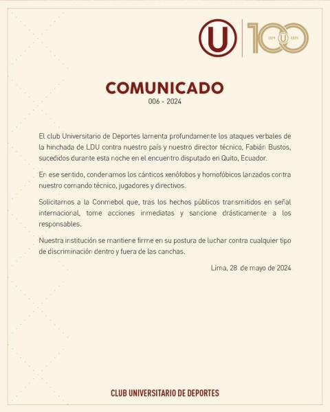 El Universitario solicita sanción a Liga de Quito por insultos de su hinchada a Fabián Bustos
