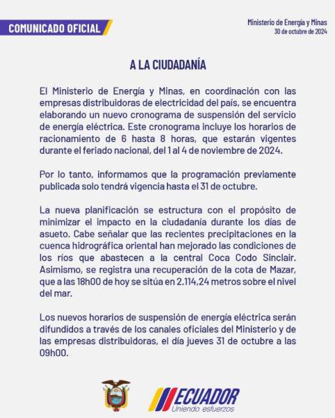 El Gobierno anuncia apagones de hasta 8 horas del 1 al 4 de noviembre